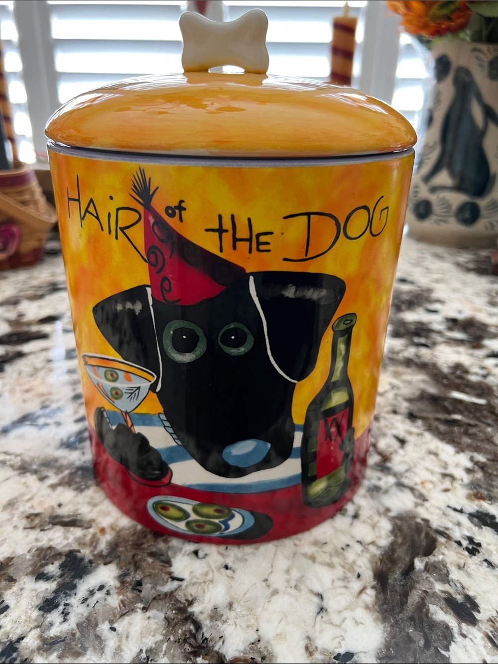 Hair of the Dog Yellow Ceramic Treat Jar with Bone Lid